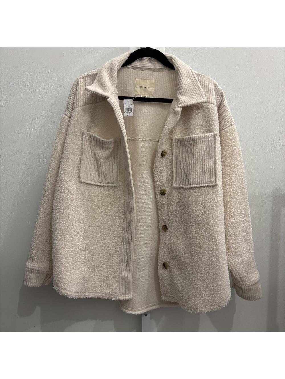 American Eagle Women's Cream Sherpa Button-Up Jacket